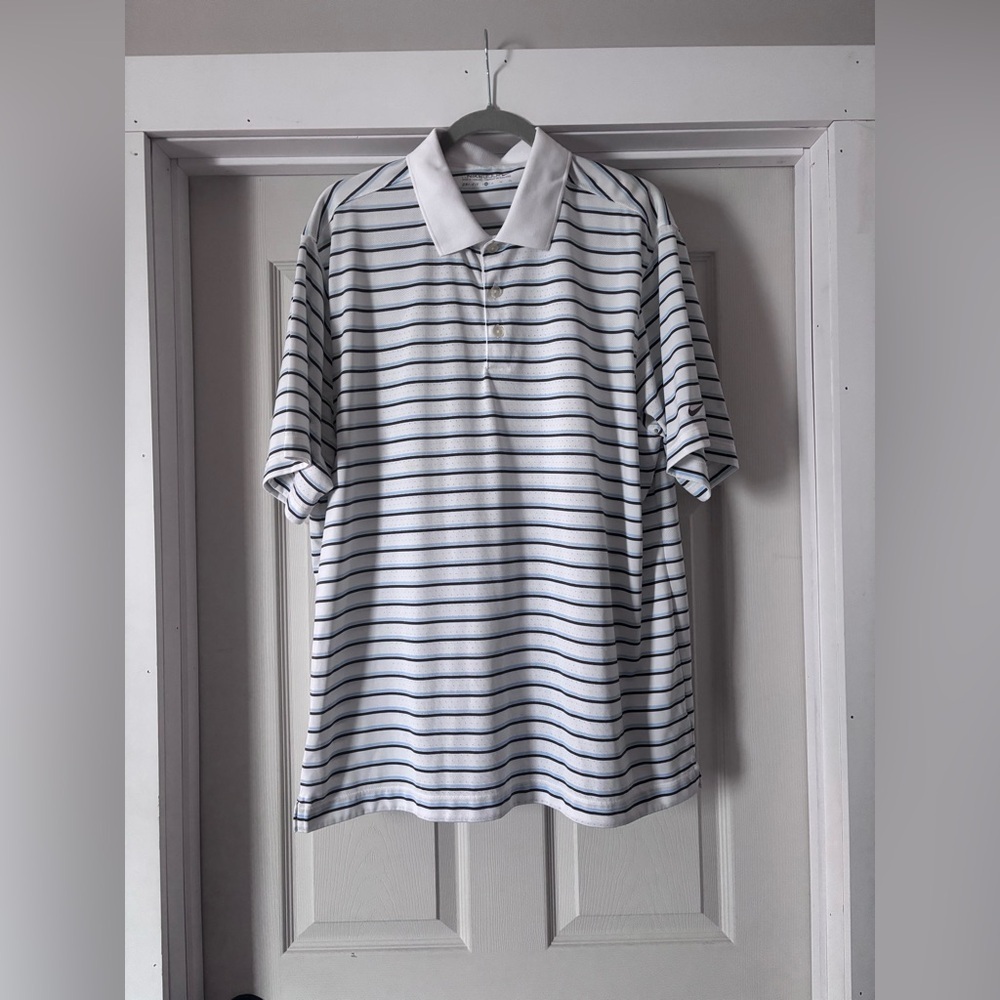 Nike Dri-Fit Player Striped Golf Polo White Size XL Brown Blue Stripes